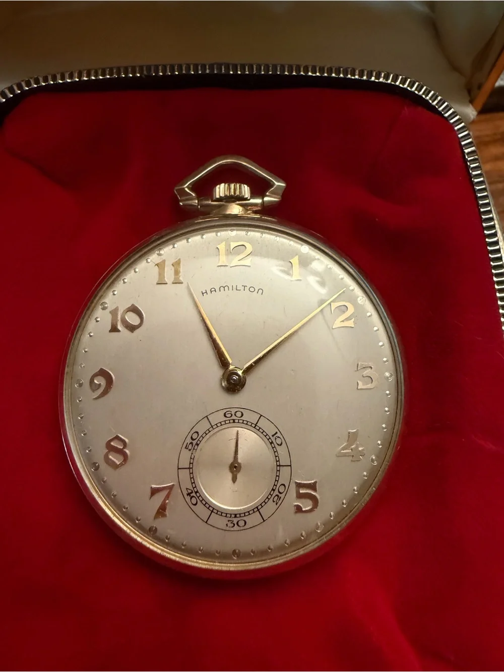 Hamilton Gold Filled Pocket Watch with Red Velvet Lined Box